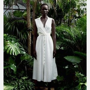 NWT Zara SS24 OPENWORK White EMBROIDERED EYELET MIDI DRESS Size L